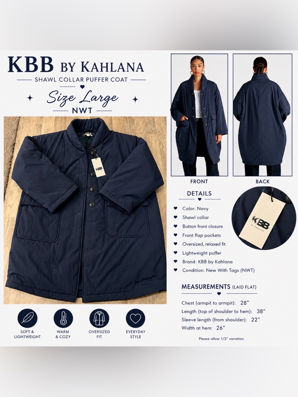 KBB by Kahlana Duvet Puffer Coat Navy Size Large NWT